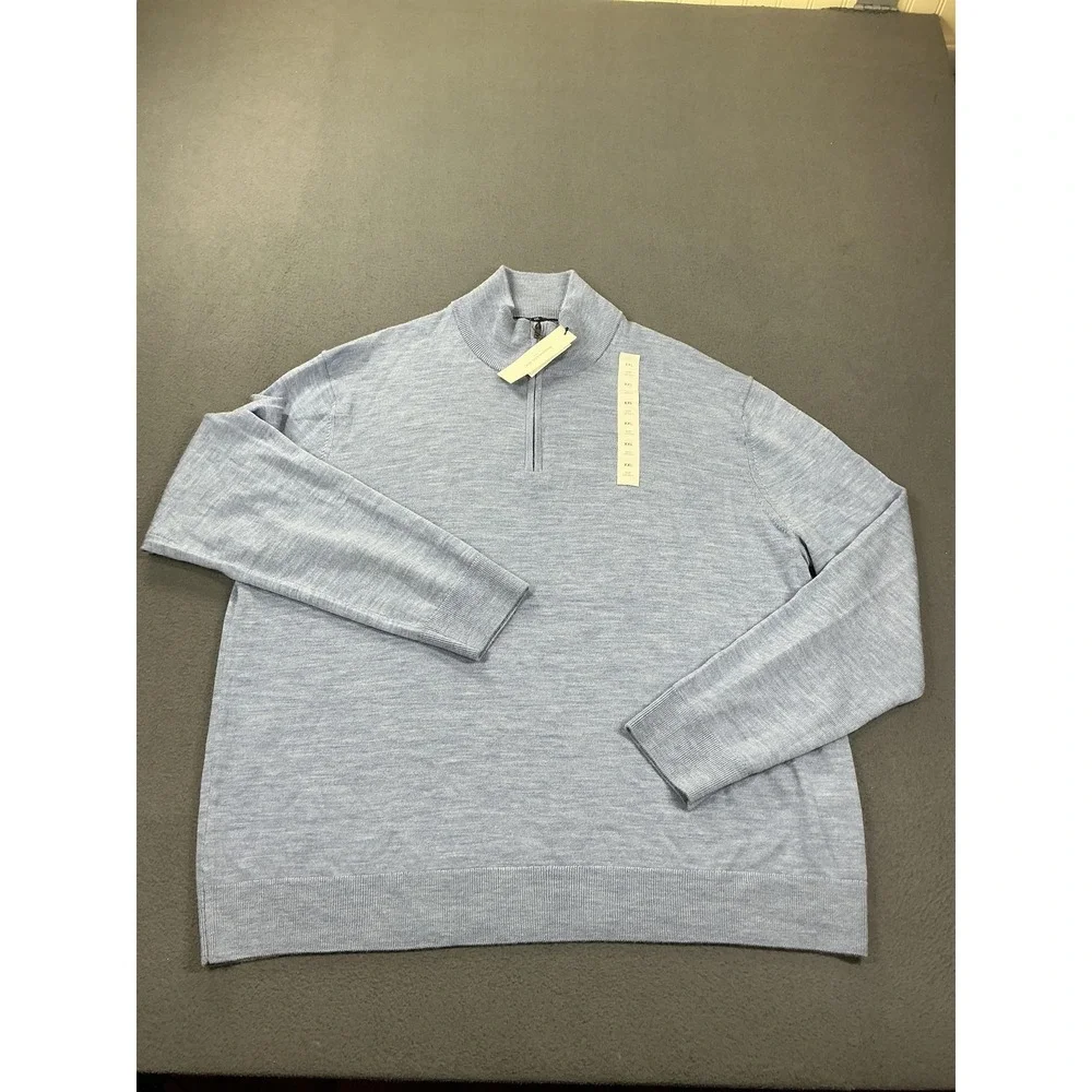Banana Republic Sweater Mens 2XL Blue Merino Wool 1/4 Zip Mock Neck Pullover